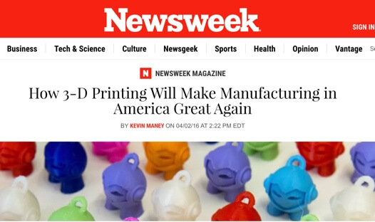 Screenshot van Newsweek-artikel "Hoe 3D-printen de productie in Amerika weer groot zal maken"